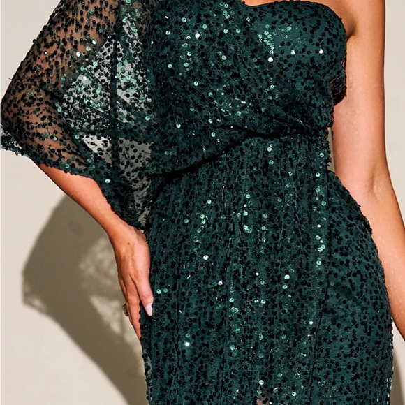 New dark green one-shoulder wrap maxi dress with batwing sleeves - Picture 5 of 8